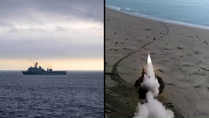 ספינת פורטלנד אמריקנית  שיגור טיל שיוט במסגרת תרגיל צבאי של איראן באזור מפרץ עומאן