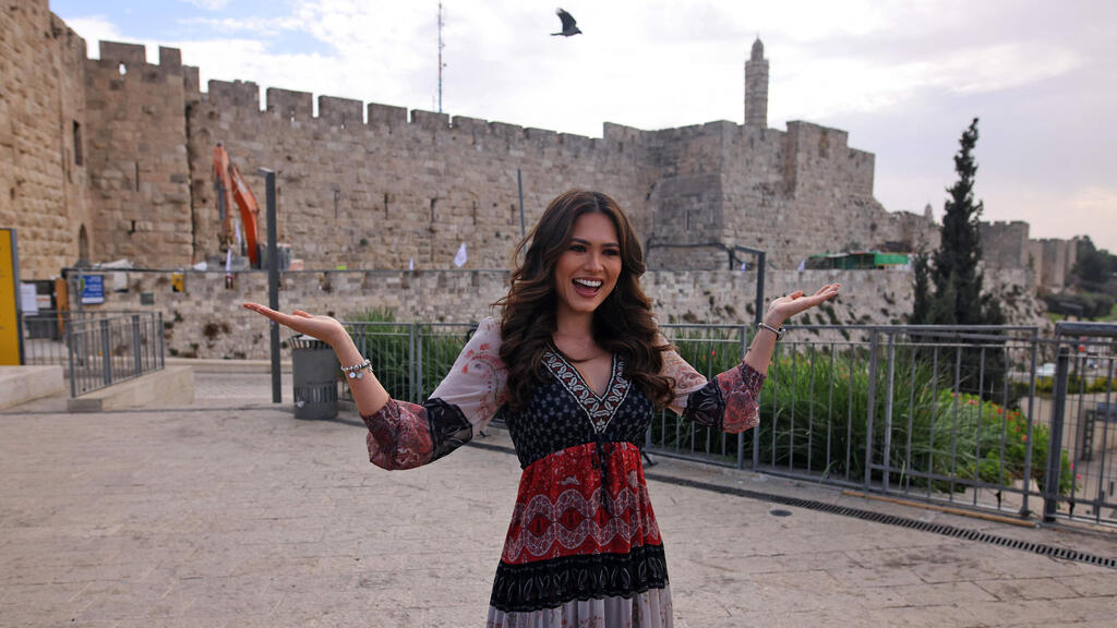 Miss Universe Andrea Meza poses outside Jaffa Gate as she visits the Old City of Jerusalem 