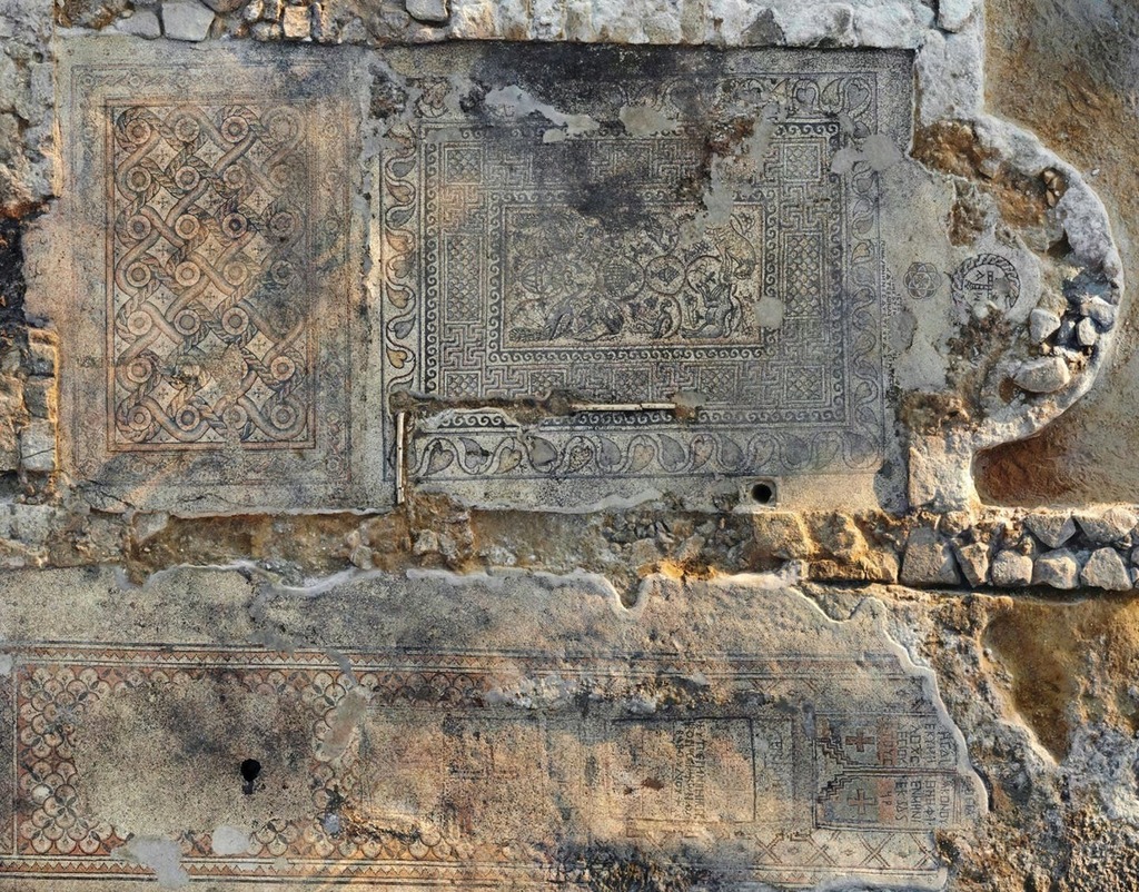 Aerial view of mosaics in the Byzantine basilica in Ashdod 
