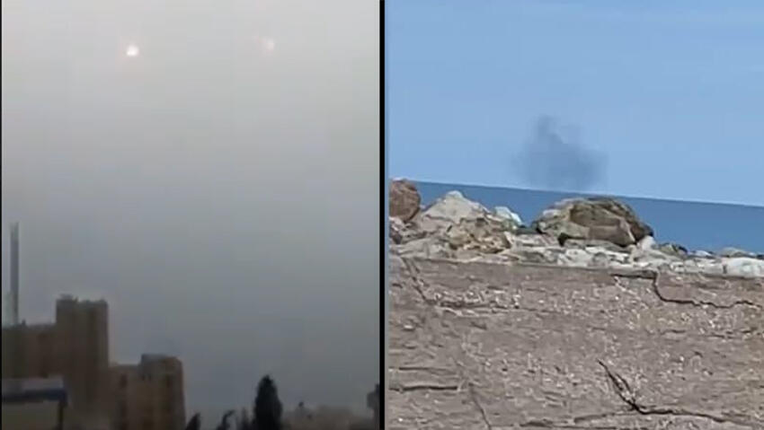 Слева - вид летящей ракеты из Газы, справа - после падения в море