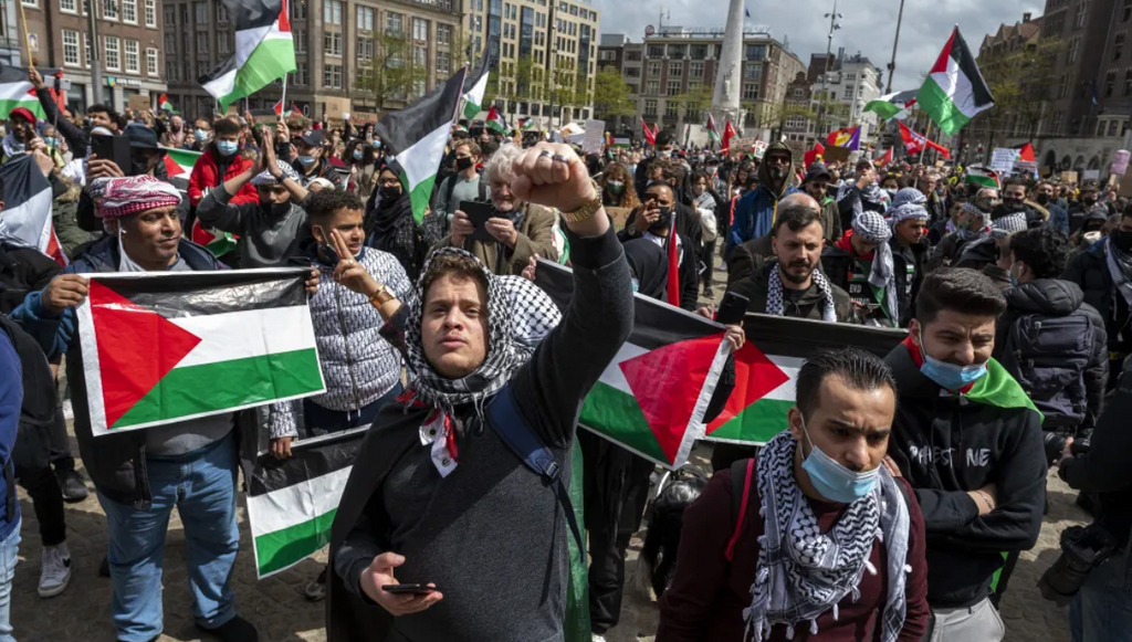 Protesters wave Palestinian flags during a rally to show solidarity with the Palestinians at Dam Square in Amsterdam, May 16, 2021