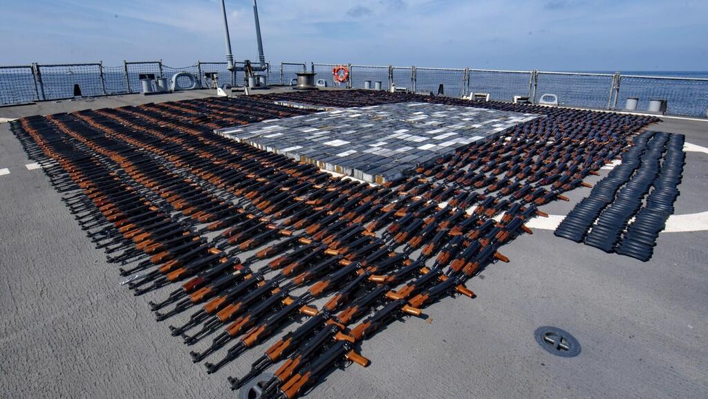 Illicit weapons seized from a stateless fishing vessel in the North Arabian Sea, sailing from Iran and likely bound for war-ravaged Yemen, are arranged for inventory aboard guided-missile destroyer USS O'Kane's (DDG 77) flight deck 