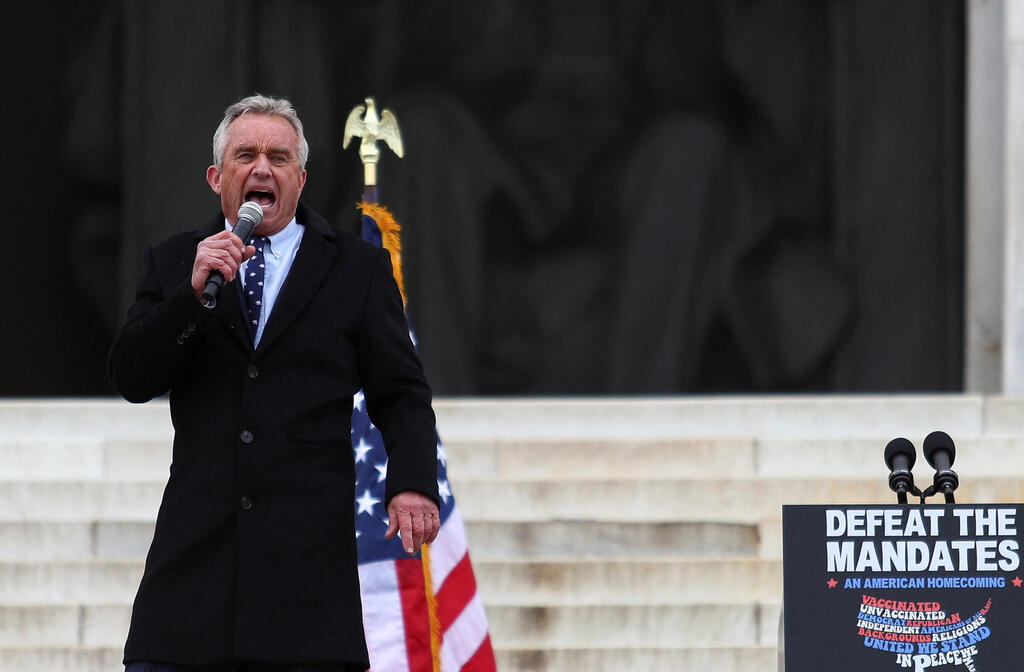 Robert F. Kennedy Jr. speaks during a rally following a march in opposition to COVID-19 mandates on the National Mall, in Washington, D.C., U.S., January 23, 2022