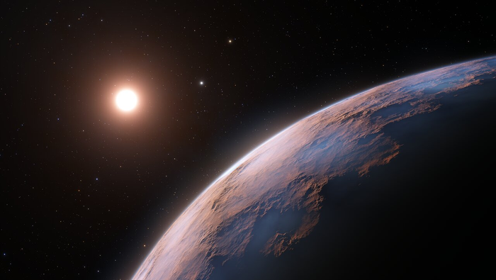 קטן, אבל לוהט. מראה בעיני אמן של פני כוכב הלכת פרוקסימה d ושל השמש שלו פרוקסימה קנטאורי. ביניהם אפשר לראות את שני כוכבי הלכת הקודמים שהתגלו במערכת, פרוקסימה b ופרוקסימה c