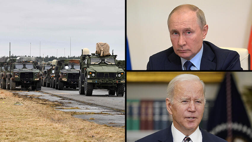 Russian President Vladimir Putin, U.S. President Joe Biden, and a convoy of Russian military vehicles on the Ukrainian border 