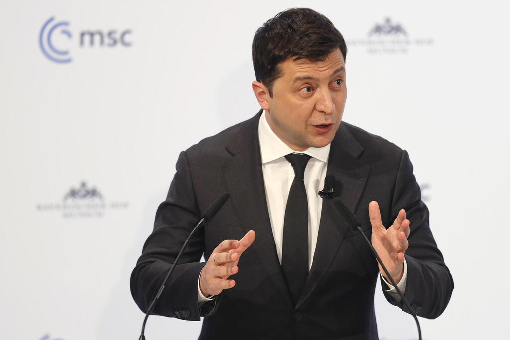 Ukrainian President Volodymyr Zelensky delivers a statement during the 58th Munich Security Conference 