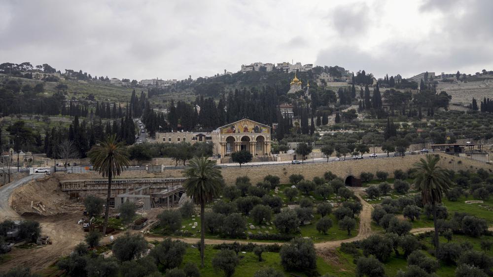 the Mount of Olives and the Church of All Nations in the Garden of Gethsemane, in East Jerusalem