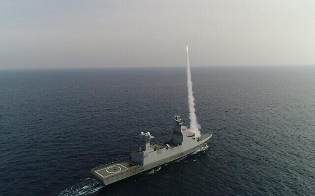 A missile from the "C-Dome" is launched from Sa’ar-6 corvette to intercept a drone during an exercises