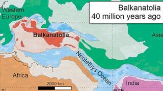 מפה המציגה את בלקנטוליה לפני 40 מיליון שנה וכיום