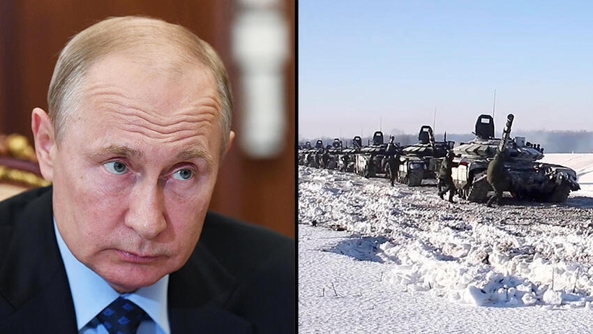 Russian President Vladimir Putin; Russian tanks rolling into Ukraine 