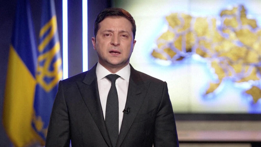 Ukraine President Volodymyr Zelensky (Photo: Reuters) נשיא אוקראינה וולודימיר זלנסקי בנאום לפני פתיחת המלחמה נגד רוסיה