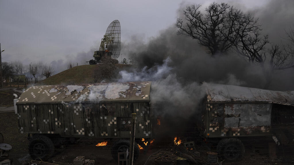A damaged Ukrainian military facility in the aftermath of Russian shelling outside Mariupol, Ukraine, Thursday