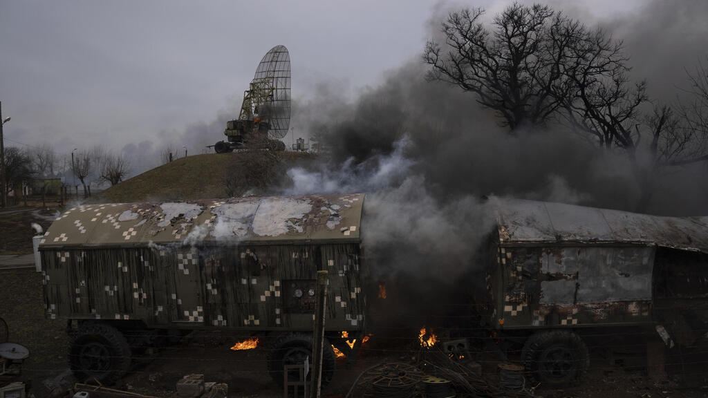 A damaged Ukrainian military facility in the aftermath of Russian shelling outside Mariupol, Ukraine, Thursday