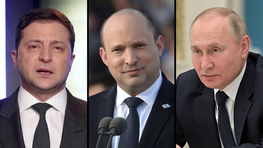 Ukrainian President Volodymyr Zelensky, Prime Minister Naftali Bennett and Russian President Vladimir Putin 