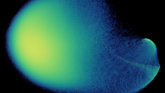 רואים אוסף גדול של "המסלולים הקוואנטיים" של הפולריטונים, כאשר המרחק מנקודת יחוס מסוימת (קצה הזנב שרואים בתמונה הימנית העליונה, נקודת ההתחלה של הסימולציה) מהווה מדד למספר הפולריטונים. פולריטונים נוספים מוזרקים מבחוץ ואחרים נעלמים באופן אקראי (בורחים מחלל התהודה). "המסלולים" מתחילים מאותה נקודה אך אז נפרדים זה מזה בשל ההתרחשויות האקראיות, השונות ממסלול למסלול. תדירות הפוטונים המוזרקים משתנה מתמונה לתמונה. כאוס מופיע בתמונה הימנית העליונה, ובשמאלית התחתונה (האזור הבהיר הגדול)