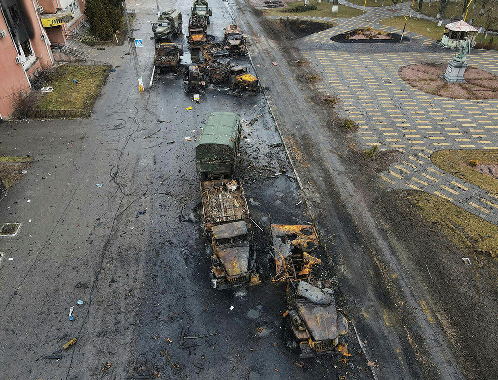 Photo taken with a drone shows destroyed Russian military vehicles are seen on a street in the settlement of Borodyanka, in the Kyiv region (Photo: Reuters) Picture taken with a drone shows destroyed Russian military vehicles are seen on a street in the settlement of Borodyanka, in the Kyiv region