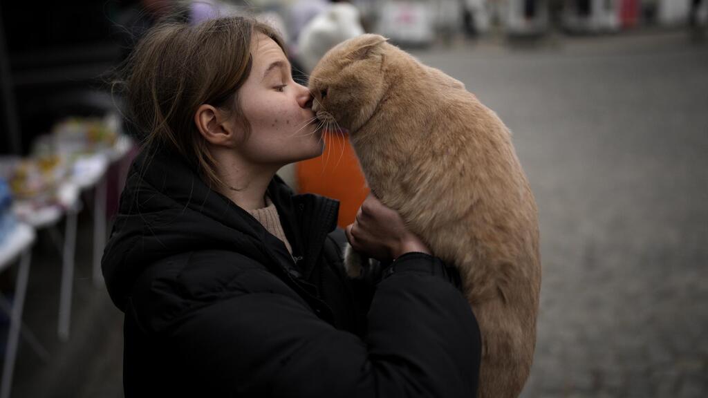 Julia Lazarets plays with her cat Gabriel, after fleeing Ukraine and arriving at the train station in Przemysl, Poland
