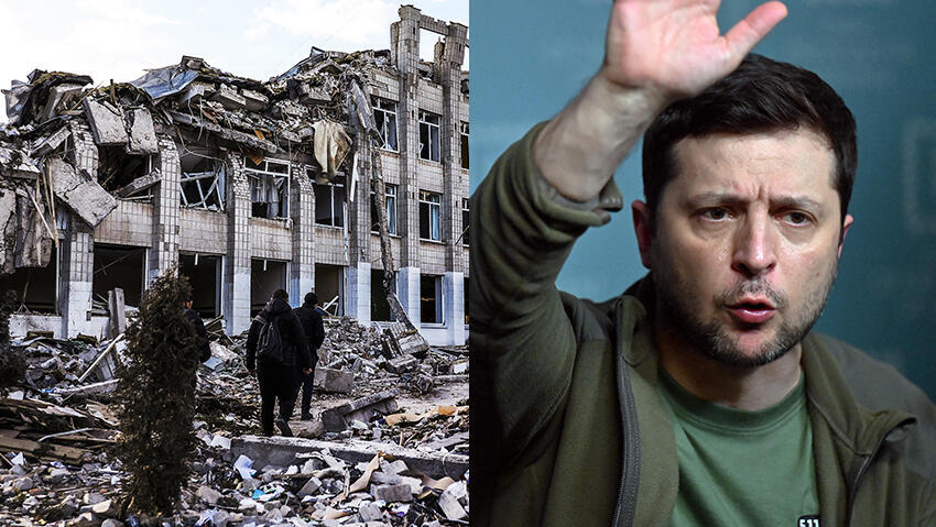 Ukrainian President Volodymyr Zelensky and a destroyed building (Photo: AFP, EPA) וולודימיר זלנסקי מסיבת עיתונאים מלחמה רוסיה אוקראינה