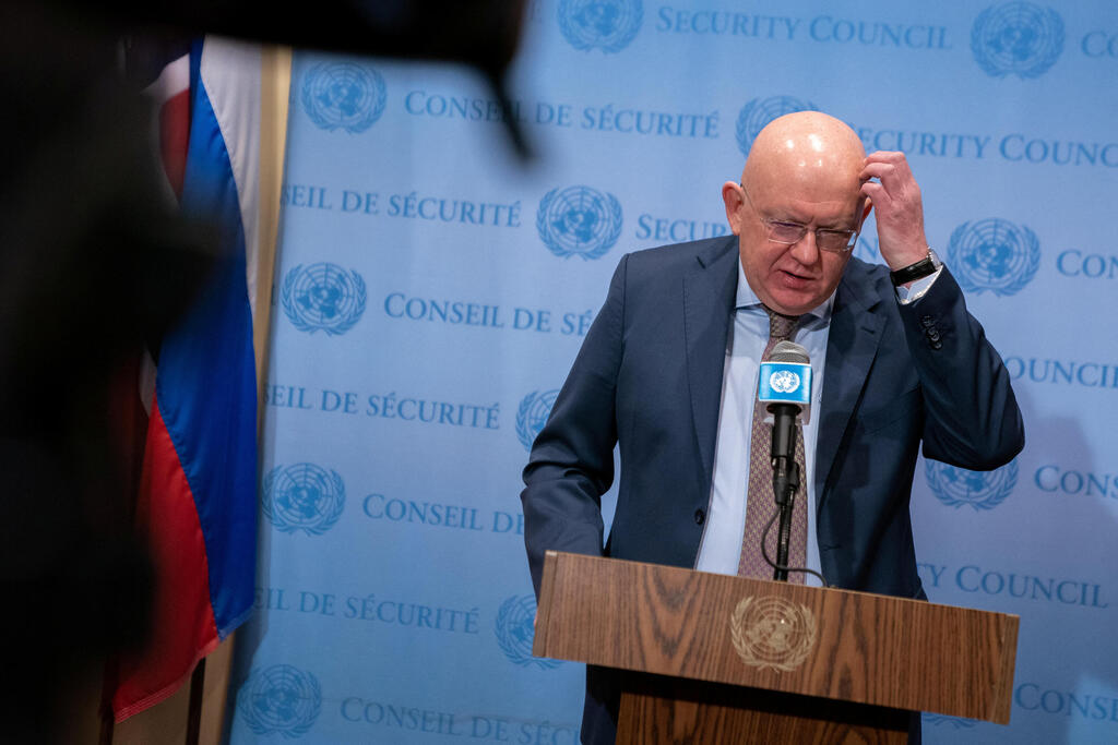 Russia's UN envoy Vassily Nebenzia speaking to journalists on Tuesday 