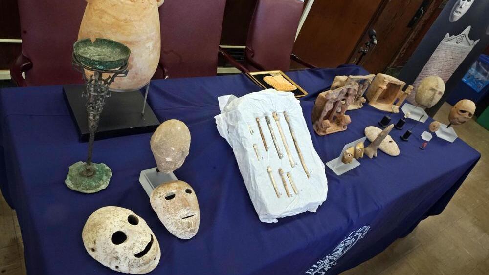 Looted antiquities worth $5-million, seized from billionaire hedge fund manager Michael Steinhardt, are displayed in the offices of the Manhattan District Attorney, in New York, Tuesday, March 22, 2022.