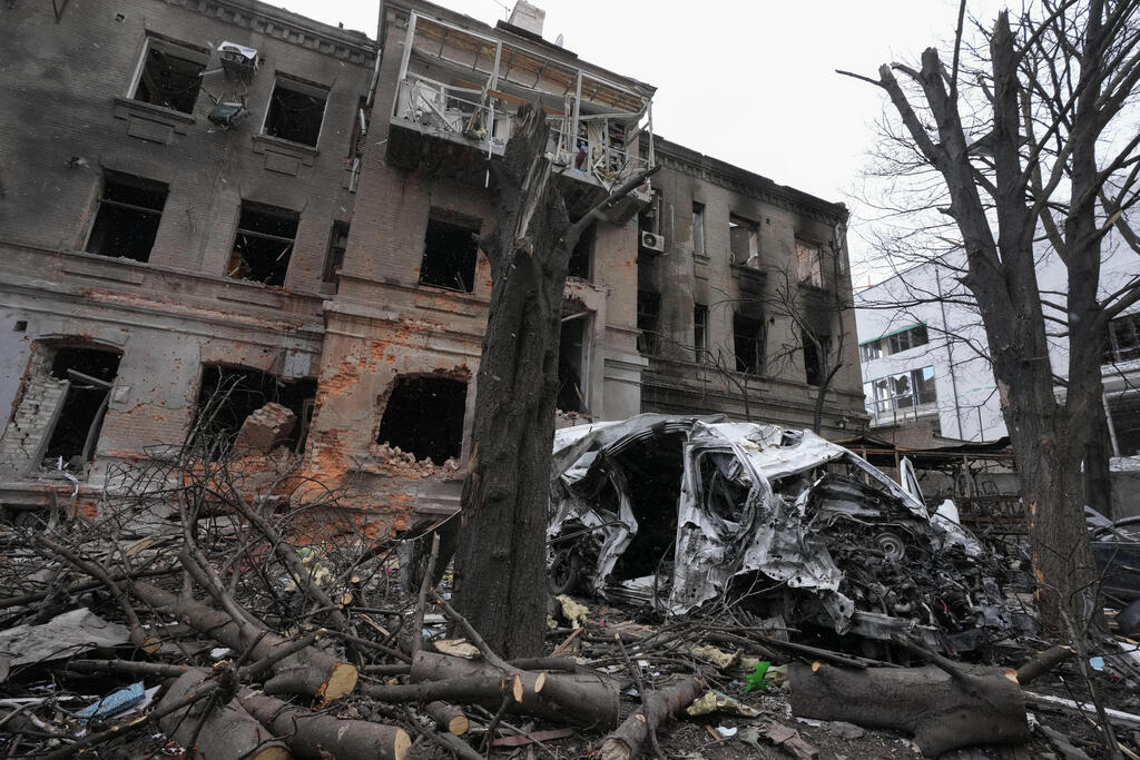 A building that was destroyed by Russian bombing in Kharkiv on Sunday 
