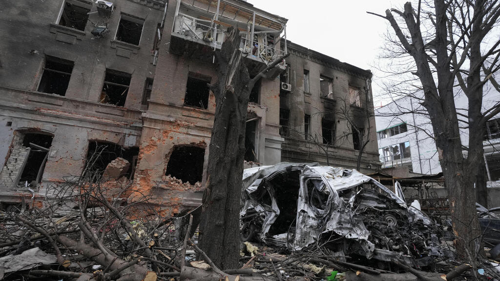 A building that was destroyed by Russian bombing in Kharkiv on Sunday 