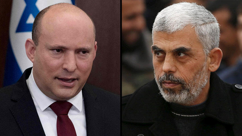 Prime Minister Naftali Bennett, Hamas leader in Gaza Strip Yahya Sinwar (Photo: Reuters, AFP) יחיא סינוואר, נפתלי בנט