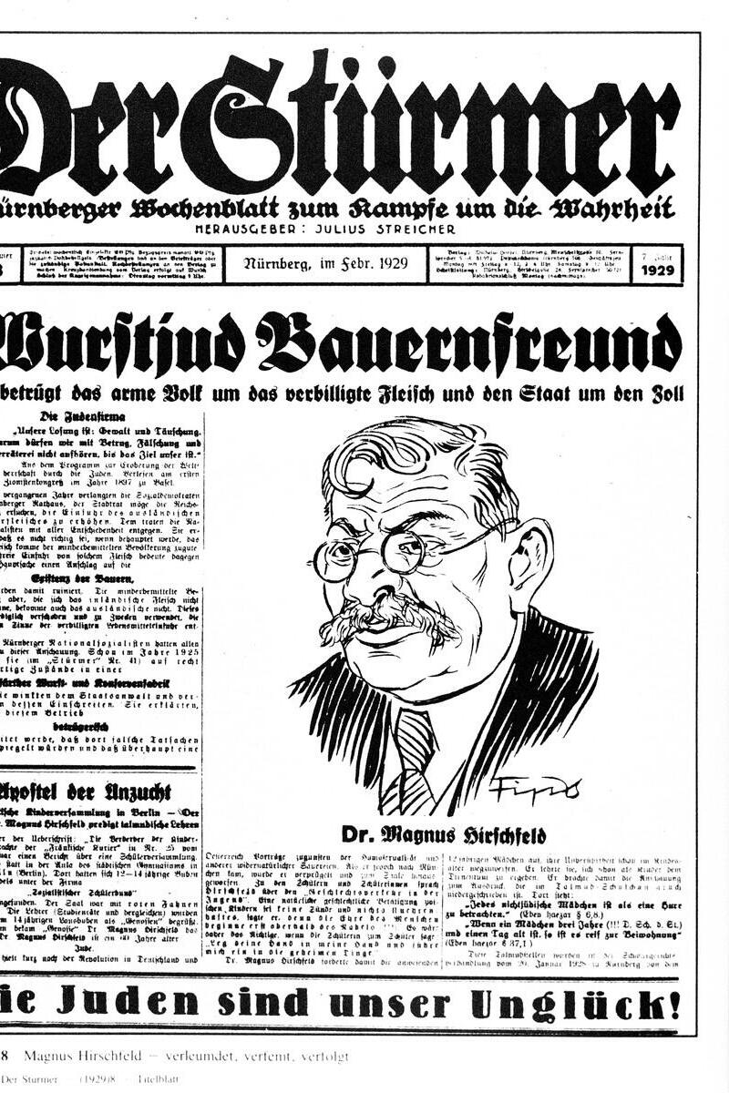 Карикатура на Магнуса Хиршфельда на обложке нацистской газеты Der Sturmer (Фото: архив Музея Холокоста в Вашингтоне) קריקטורה של מגנוס הירשפלד בשער העיתון הנאצי דר שטרימר,