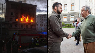 נשיא אוקראינה וולודימיר זלנסקי מסיבת עיתותנאים עם מזכ"ל ה או"ם אנטוניו גוטרש ב קייב