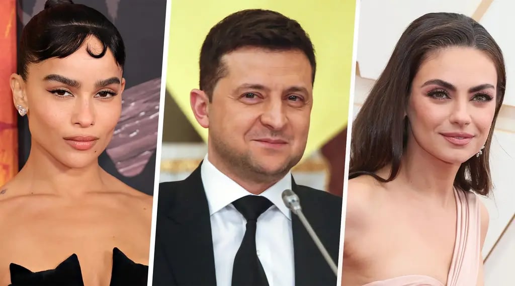 Zoë Kravitz, left, Volodymyr Zelensky, center, and Mila Kunis, right all were all included on Time magazine’s annual list of the world’s 100 most influential people