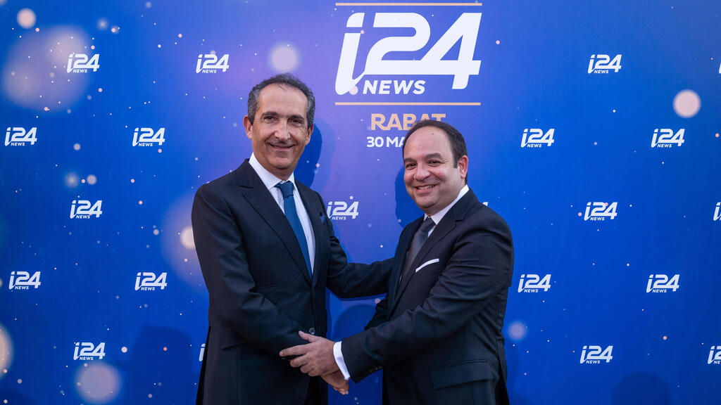 i24NEWS founder Patrick Drahi (L) and CEO Frank Melloul at the bureau opening in Rabat (Photo: i24NEWS) פטריק מלול uפרנק דרהי בהשקת i24News במרוקו