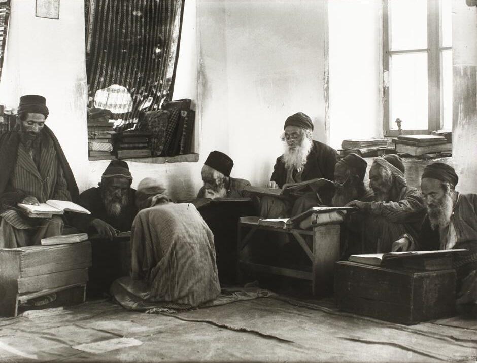 Yemenite Jewish elders study Torah at a synagogue 