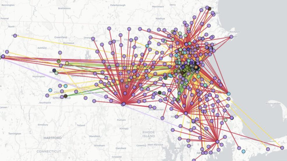A map of purported connections between Jewish groups and other organizations in Massachusetts created by progressive activist group The Mapping Project