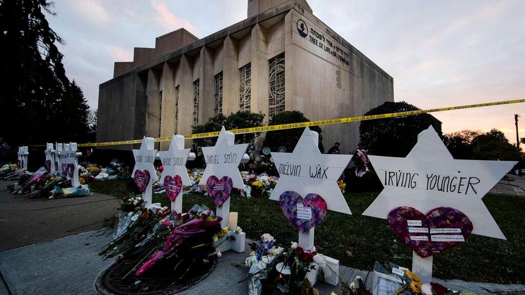A makeshift memorial stands outside the Tree of Life synagogue in the aftermath of a deadly shooting in Pittsburgh in 2018