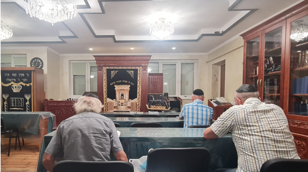 Men pray at a synagogue in Vinnytsia, Ukraine, June 24, 2022 (Photo: Cnaan Liphshiz) Men pray at a synagogue in Vinnytsia, Ukraine, June 24, 2022