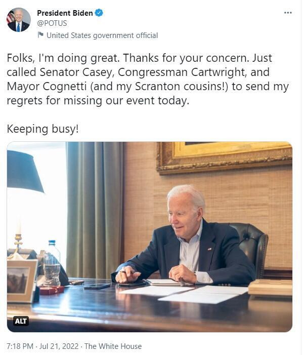 נשיא ארה"ב ג'ו ביידן ב טוויטר אחרי שנדבק ב קורונה