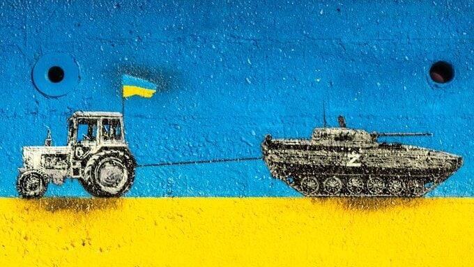 אוקראינה ציור קיר טרקטור אוקראיני גורר טנק רוסי