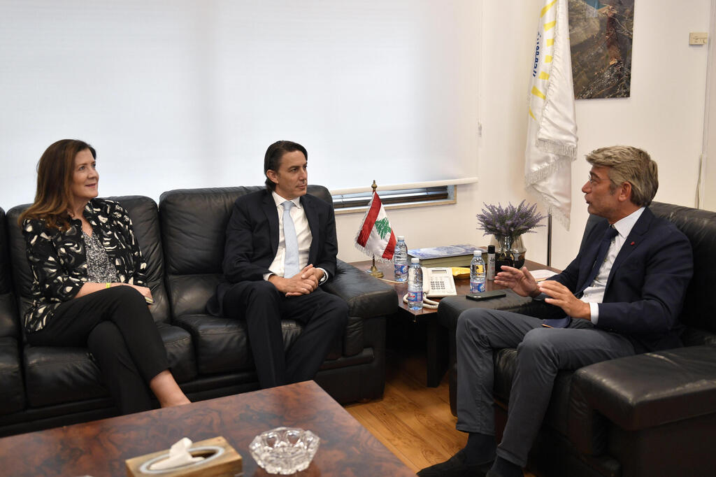 Lebanese Energy Minister Walid Fayad (R) meets with US Senior Advisor for Energy Security Amos Hochstein (C) and US Ambassador to Lebanon Dorothy Shea (L) in Beirut on Sunday 