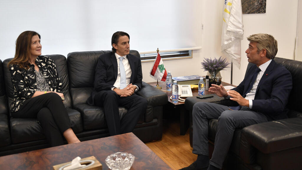 Lebanese Energy Minister Walid Fayad (R) meets with US Senior Advisor for Energy Security Amos Hochstein (C) and US Ambassador to Lebanon Dorothy Shea (L) in Beirut on Sunday 