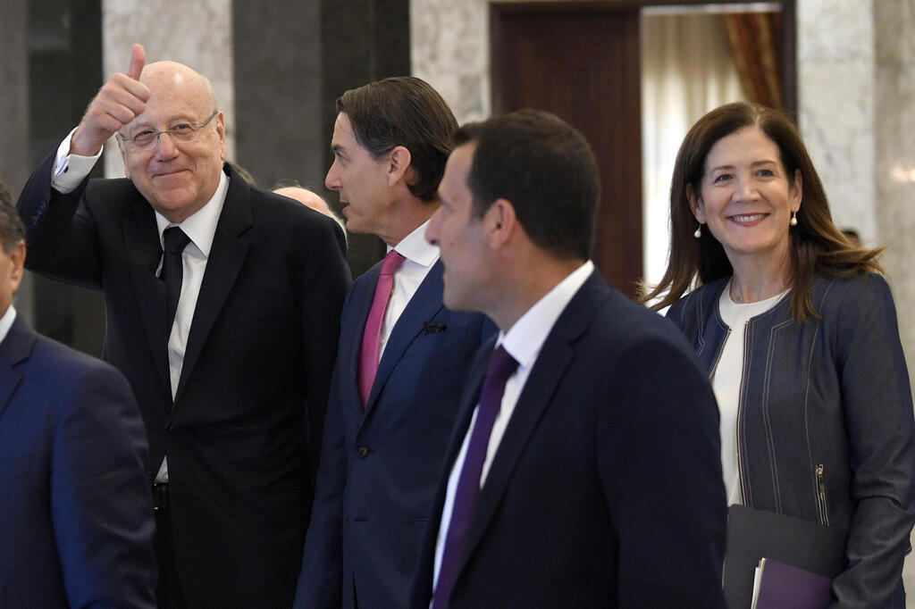Lebanon Prime Minister Najib Mikati gives the thumbs up after meeting with U.S. mediator on maritime border dispute with Israel 