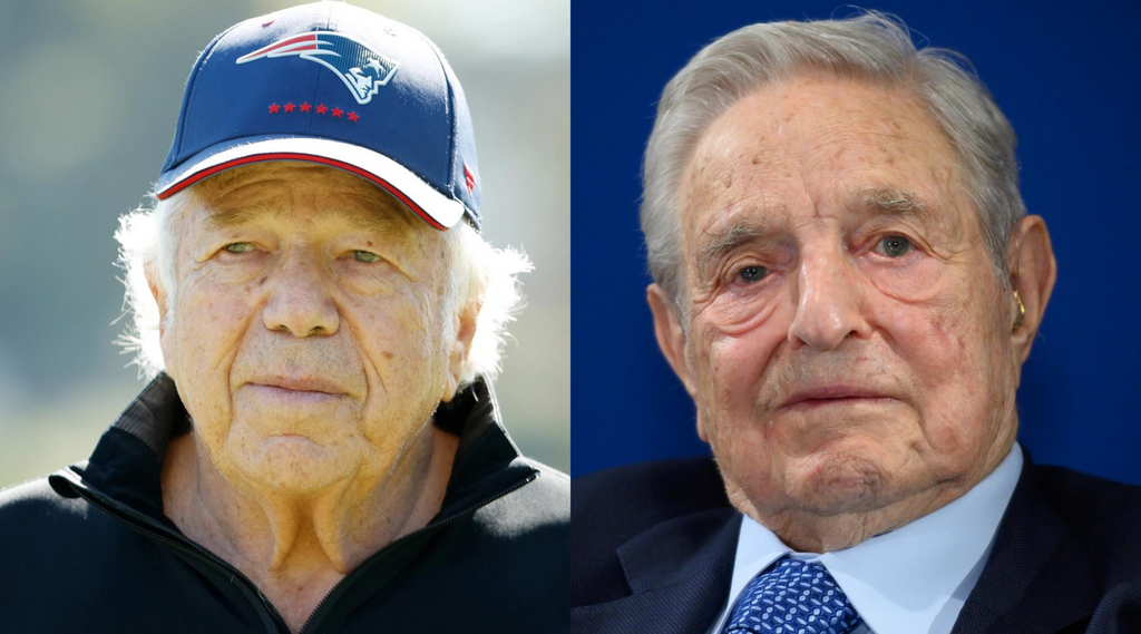 Robert Kraft (L) and George Soros each gave $1 million to pro-Israel PACs in August 2022, according to federal filings 