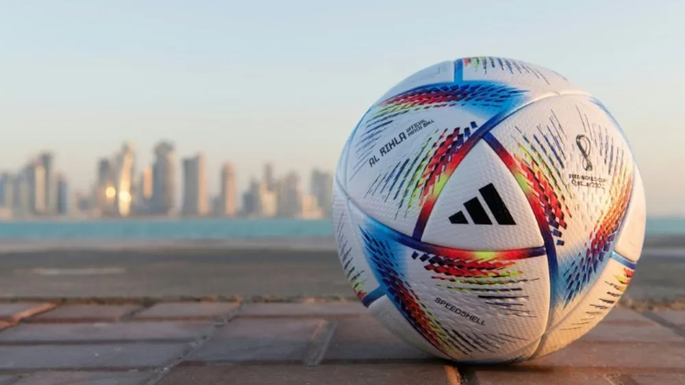 The official match ball for the FIFA World Cup Qatar 2022 against the Doha skyline 