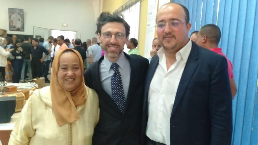From right, El Mehdi Boudra, founder/president Mimouna Association; Jason Guberman, executive director, American Sephardi Federation; and Moroccan artist Amina Yabis at the Rebuilding Our Homes exhibit opening at the Mohammed V Foundation in Fez 