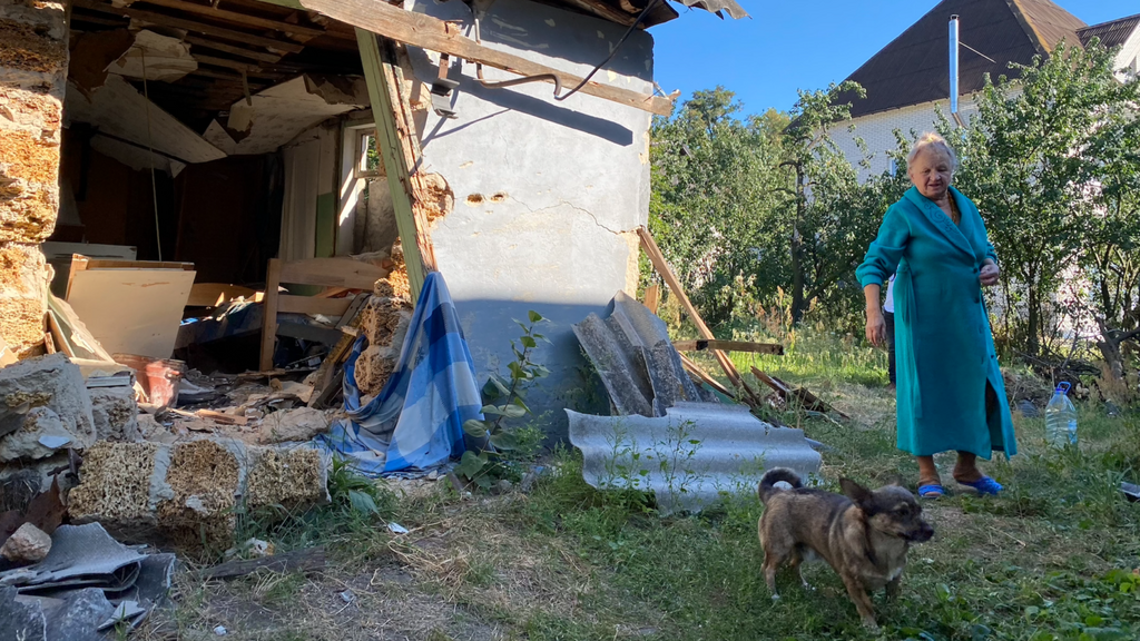 Zhanetta Butenko's house was partially destroyed when a rocket crashed through its roof in early March, in Hostemel, Ukraine 