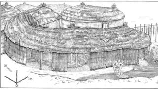 שחזור של הצריף האפיפלאוליתי בו נראה אדם יושב על השטח שמחוץ לבקתה, בו הצטברו גללים