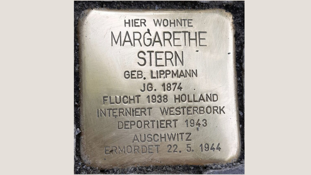 The Stolpersteine, or Stumbling Stone, for Johanna Margarethe Stern-Lippmann is set outside the home she fled in Potsdam, Germany, in 1938. The art collector was murdered in the Holocaust 