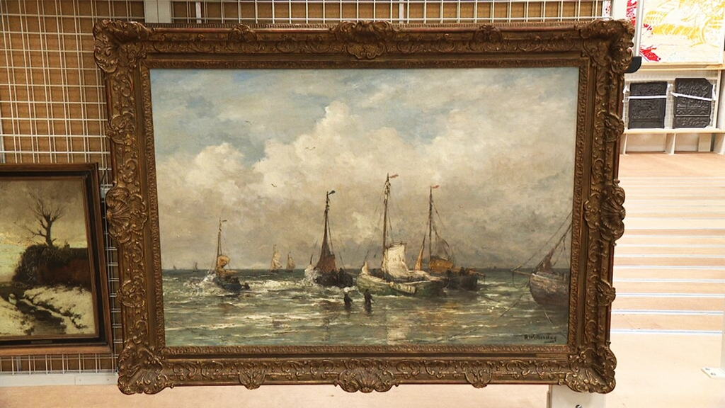 The painting “Fishing Boats Near the Shore” at the Dutch parliament in the Hague, Netherlands 