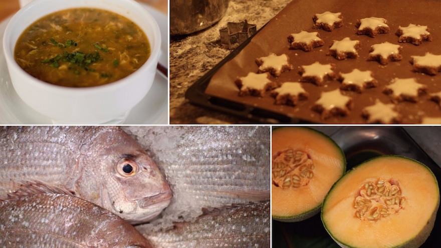 Clockwise from top left: harira soup, zimtsterne cookies, cantaloupe seeds and snapper 