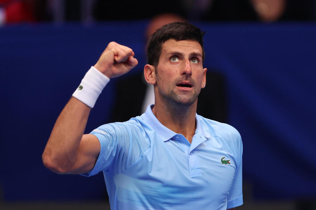 Novak Djokovic celebrates after winning the semi final match against Roman Safiullin of Russia at the Tel Aviv Open
