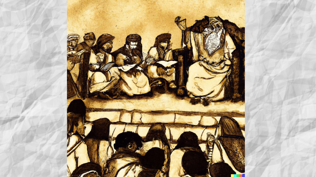 An AI-generated illustration of an ancient king reading the Torah to an assembly of Jewish men, women and children, in keeping with the commandment of hakhel 
